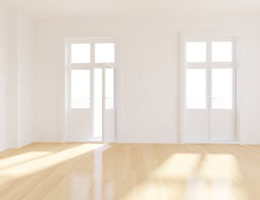 Beyaz Oda iç windows ile. İskandinav iç tasarım. 3D çizim