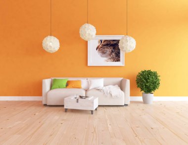 İskandinav oturma odası iç kanepe, bitki ve ahşap zemin ile fikir. Ev nordic iç. 3D çizim 