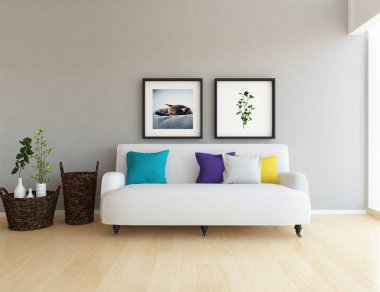 Bir İskandinav oturma odası iç kanepe, bitkiler ve ahşap zemin ile fikir. Ev nordic iç. 3D çizim 