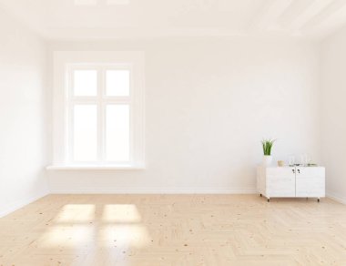 Boş İskandinav odası iç ahşap zemin üzerinde bitki ile fikir. Ev nordic iç. 3D çizim - illüstrasyon