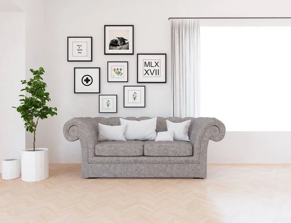 Idea of  scandinavian living room interior with sofa ,plant and wooden floor  . Home nordic interior. 3D illustration