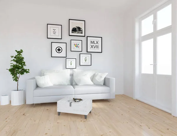 Idea Salón Escandinavo Interior Con Sofá Planta Suelo Madera Inicio — Foto de Stock