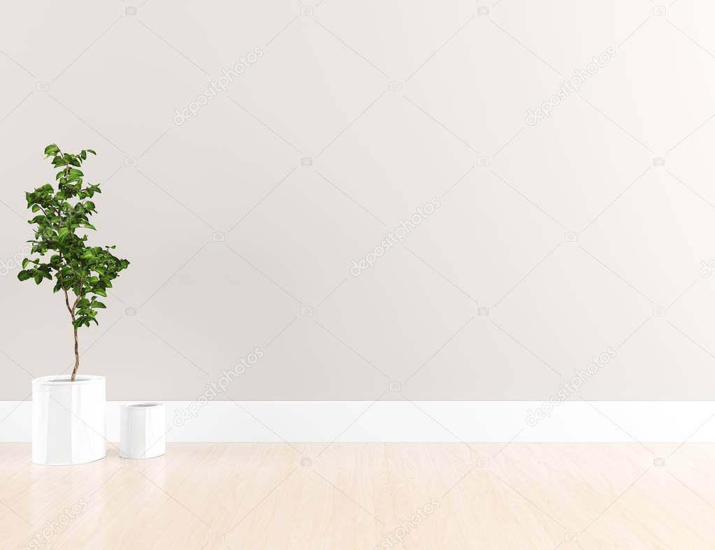 Idea of empty scandinavian room interior with plant on wooden floor  . Home nordic interior. 3D illustration - Illustration