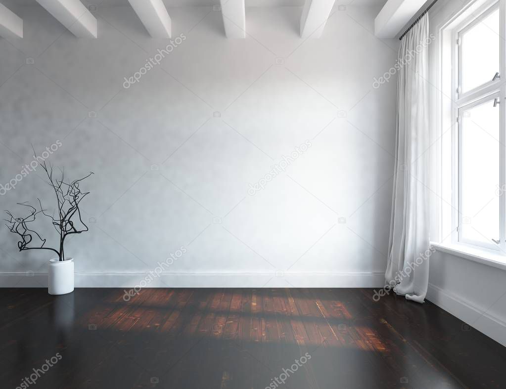 Idea of  empty scandinavian room interior with vase on wooden floor . Home nordic interior. 3D illustration 