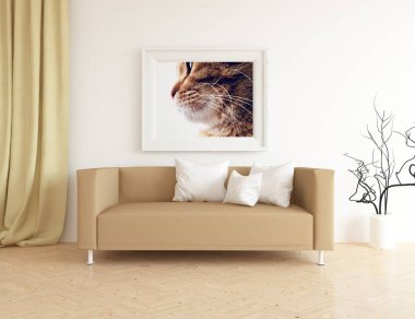 Bir İskandinav oturma odası iç kanepe ahşap zemin ve dekor ile fikir. Ev nordic iç. 3D çizim 