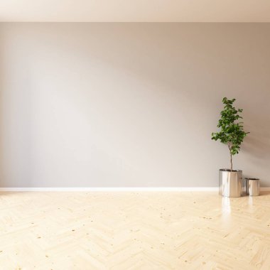 Boş İskandinav odası iç ahşap zemin üzerinde bitki ile fikir. Ev nordic iç. 3D çizim - illüstrasyon