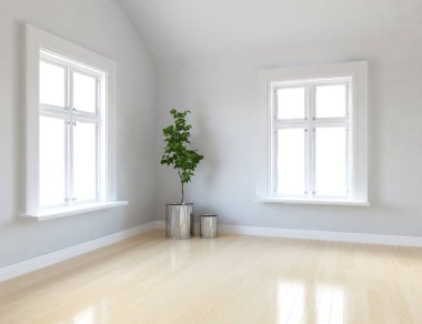 Boş İskandinav odası iç ahşap zemin üzerinde bitki ile fikir. Ev nordic iç. 3D çizim - illüstrasyon