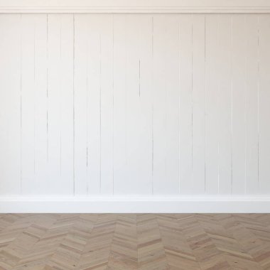 Boş İskandinav odası iç ahşap zemin ile fikir. Ev nordic iç. 3D çizim - illüstrasyon