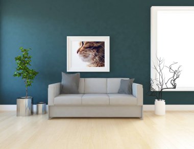 Bir İskandinav oturma odası iç kanepe ahşap zemin ve dekor ile fikir. Ev nordic iç. 3D çizim 