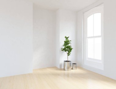 Boş İskandinav odası iç ahşap zemin üzerinde bitki ile fikir. Ev nordic iç. 3D çizim - illüstrasyon