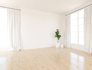 Boş İskandinav odası iç ahşap zemin üzerinde bitki ile fikir. Ev nordic iç. 3D çizim - illüstrasyon