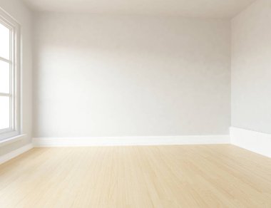 Boş İskandinav odası iç ahşap zemin ile fikir. Ev nordic iç. 3D çizim - illüstrasyon