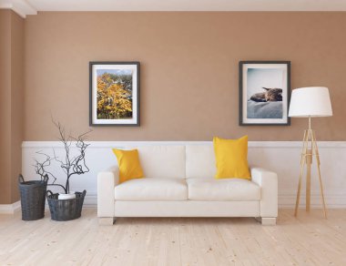 Bir İskandinav oturma odası iç kanepe ahşap zemin ve dekor ile fikir. Ev nordic iç. 3D çizim 