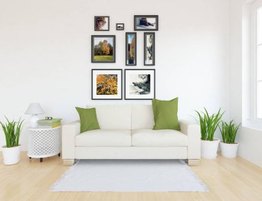 Bir İskandinav oturma odası iç kanepe ve bitkiler üzerinde ahşap zemin ve dekor ile fikir. Ev nordic iç. 3D çizim 