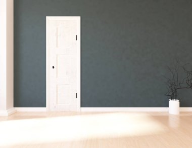 Boş İskandinav odası iç ahşap zemin üzerinde bitki ile fikir. Ev nordic iç. 3D çizim - illüstrasyon