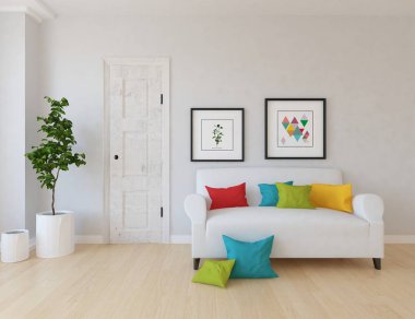 Bir İskandinav oturma odası iç kanepe ahşap zemin ve dekor ile fikir. Ev nordic iç. 3D çizim 