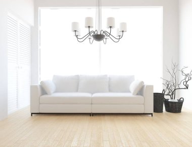 Bir İskandinav oturma odası iç kanepe, bitki ve ahşap zemin ile fikir. Ev nordic iç. 3D çizim 