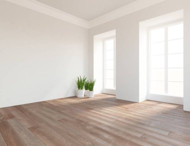 Boş İskandinav odası iç ahşap zemin üzerinde bitkiler ile fikir. Ev nordic iç. 3D çizim - illüstrasyon