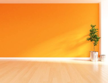 Boş İskandinav odası iç ahşap zemin üzerinde bitki ile fikir. Ev nordic iç. 3D çizim - illüstrasyon