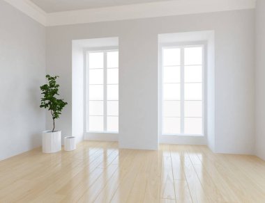 Boş İskandinav odası iç ahşap zemin üzerinde bitki ile fikir. Ev nordic iç. 3D çizim - illüstrasyon