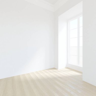 Boş İskandinav odası iç ahşap zemin ile fikir. Ev nordic iç. 3D çizim - illüstrasyon