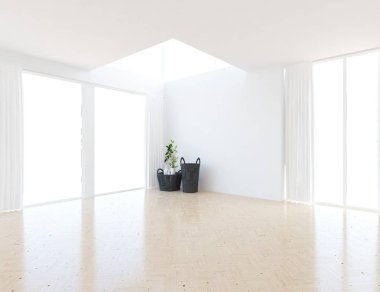 Boş İskandinav odası iç ahşap zemin üzerinde bitkiler ile fikir. Ev nordic iç. 3D çizim - illüstrasyon