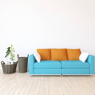 Bir İskandinav oturma odası iç kanepe, bitkiler ve ahşap zemin ile fikir. Ev nordic iç. 3D çizim 