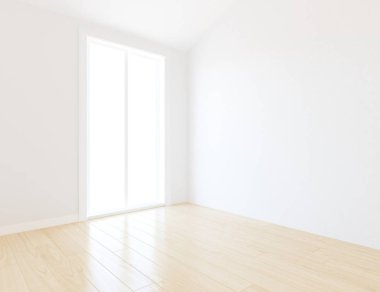 Boş İskandinav odası iç ahşap zemin ile fikir. Ev nordic iç. 3D çizim - illüstrasyon