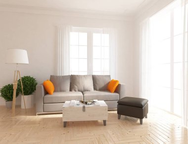 Bir İskandinav oturma odası iç kanepe, bitkiler ve ahşap zemin ile fikir. Ev nordic iç. 3D çizim 