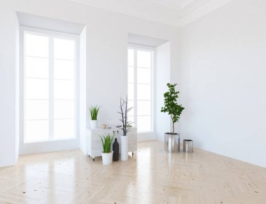 Boş İskandinav odası iç ahşap zemin üzerinde bitkiler ile fikir. Ev nordic iç. 3D çizim - illüstrasyon