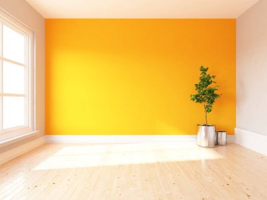 Boş İskandinav odası iç ahşap zemin üzerinde bitki ile fikir. Ev nordic iç. 3D çizim - illüstrasyon