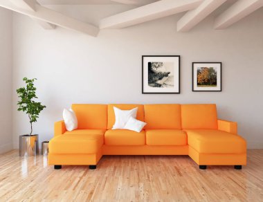 Bir İskandinav oturma odası iç kanepe, bitki ve ahşap zemin ile fikir. Ev nordic iç. 3D çizim 