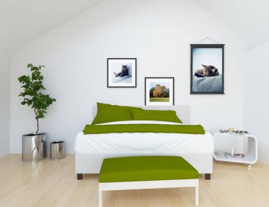 İskandinav oturma odası iç yatak ve ahşap zemin düşüncesi. Ev nordic iç. 3D çizim 