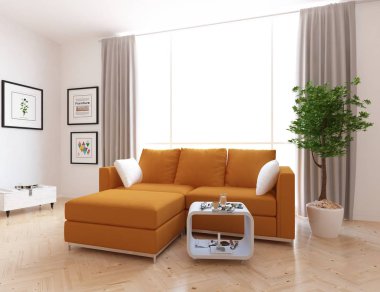 Bir İskandinav oturma odası iç kanepe, bitki ve ahşap zemin ile fikir. Ev nordic iç. 3D çizim 