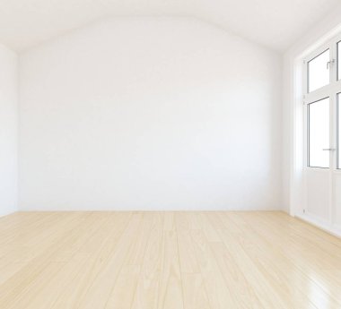 Boş İskandinav odası iç ahşap zemin ile fikir. Ev nordic iç. 3D çizim - illüstrasyon