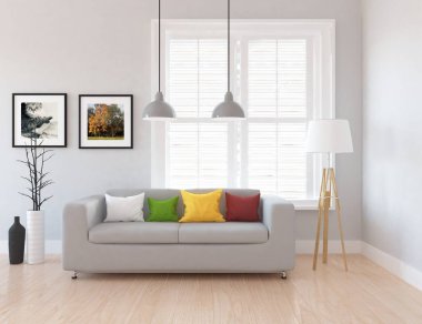 Bir İskandinav oturma odası iç kanepe ahşap zemin ve dekor ile fikir. Ev nordic iç. 3D çizim 