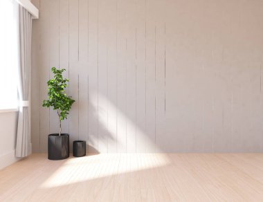 Idea of empty scandinavian room interior with plant on wooden floor  . Home nordic interior. 3D illustration - Illustration clipart