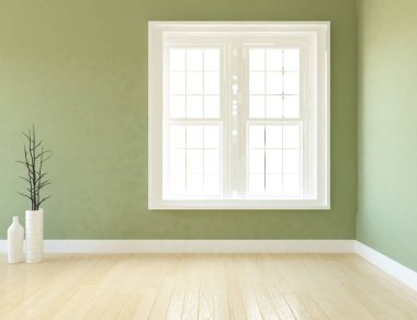 Boş İskandinav odası iç ahşap zemin üzerinde bitki ile fikir. Ev nordic iç. 3D çizim - illüstrasyon