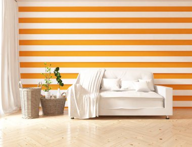 Bir İskandinav oturma odası iç kanepe, bitkiler ve ahşap zemin ile fikir. Ev nordic iç. 3D çizim 