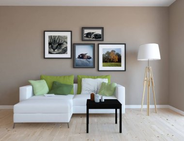 Büyük duvardaki fikir bir İskandinav oturma odası iç kanepe ve resimlerle ahşap zemin üzerinde dekor. Ev nordic iç. 3D çizim 