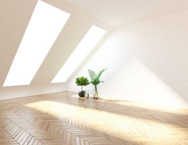 Boş İskandinav odası iç ahşap zemin üzerinde bitkiler ile fikir. Ev nordic iç. 3D çizim - illüstrasyon