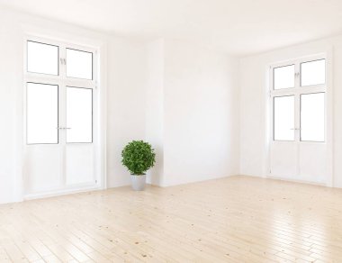 Boş İskandinav odası iç ahşap zemin üzerinde bitki ile fikir. Ev nordic iç. 3D çizim - illüstrasyon