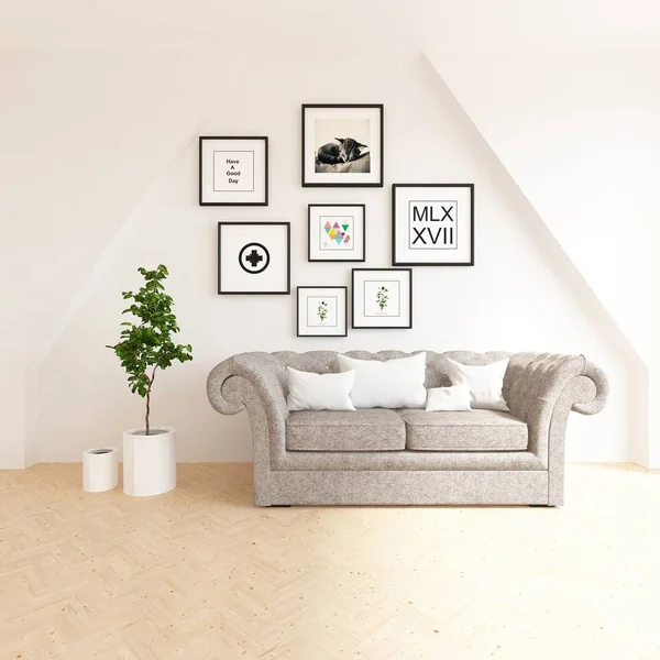 Idea of a scandinavian living room interior with sofa on the wooden floor and decor  . Home nordic interior. 3D illustration