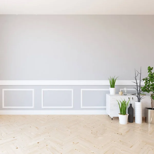 Ideia Interior Sala Escandinavo Vazio Com Plantas Chão Madeira Decoração — Fotografia de Stock