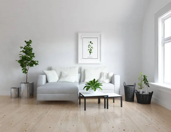 Představu Interiéru Skandinávský Obývacího Pokoje Pohovkou Dřevěné Podlahy Interiér Domácí — Stock fotografie