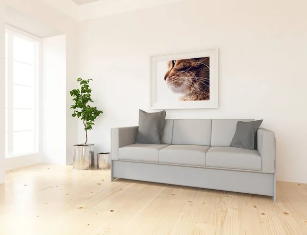 一个斯堪的纳维亚的客厅内部的想法与沙发在木地板上和装饰 家北欧内饰 — 图库照片