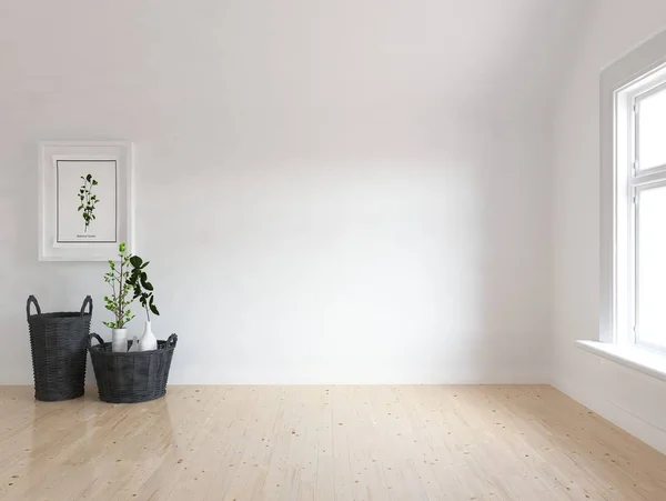 Idea Habitación Escandinava Vacía Interior Con Plantas Suelo Madera Imagen — Foto de Stock