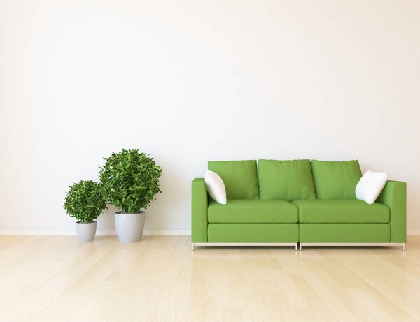 Idea of a  scandinavian living room interior with sofa ,plants and wooden floor  . Home nordic interior. 3D illustration 