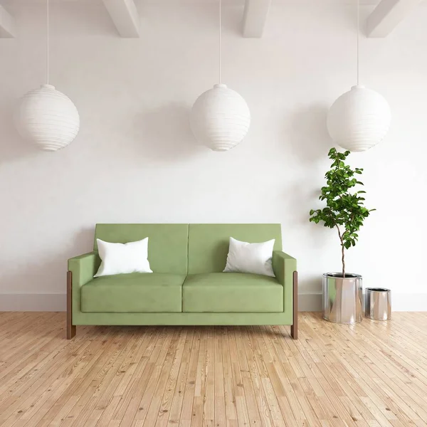Idea Wnętrza Skandynawski Salon Sofą Roślin Drewniane Podłogi Strona Główna — Zdjęcie stockowe
