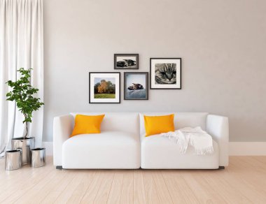 Bir İskandinav oturma odası iç kanepe, bitki ve ahşap zemin ile fikir. Ev nordic iç. 3D çizim 